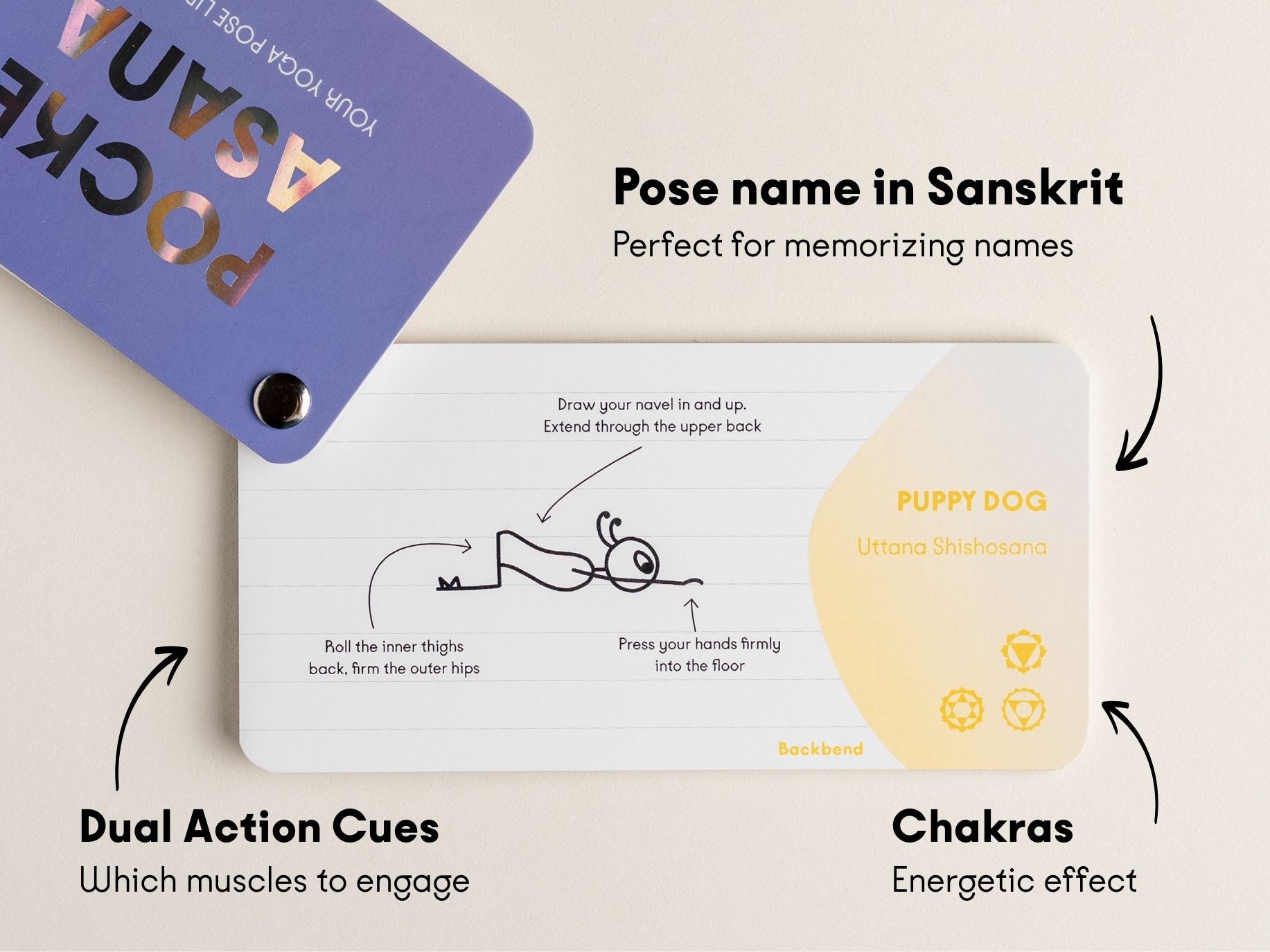 Pocket Asana Yoga Pose Library Sample Page Puppy Pose as Yoga Stick Figure Uttana Shishosana Chakras Dual Action Cues Memorizing Sanskrit Names