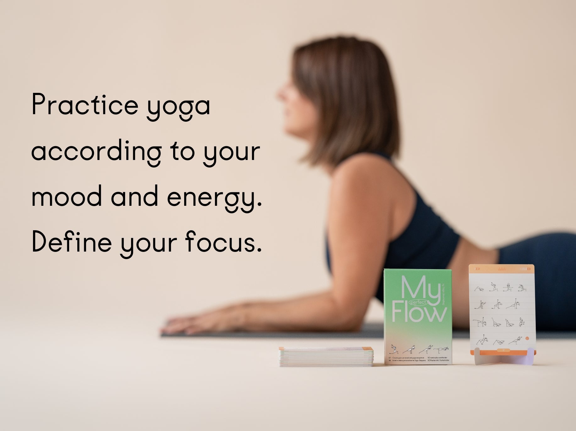 Yoga card from My Perfect Flow deck featuring a sequence for back pain relief, illustrated with cute stick figure poses